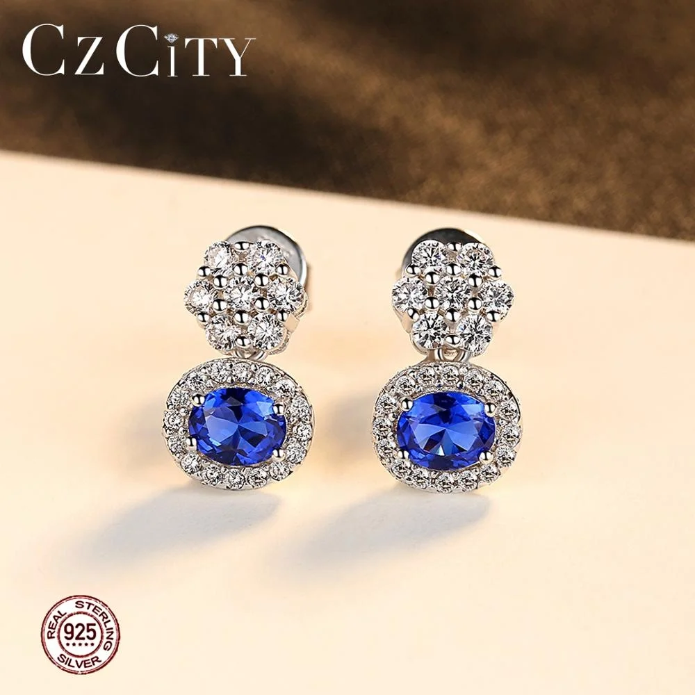 

CZCITY Blue Topaz Stud Earrings for Women Luxury 925 Silver Clear CZ Crystal Small Flower Earrings Factory Directly Sale