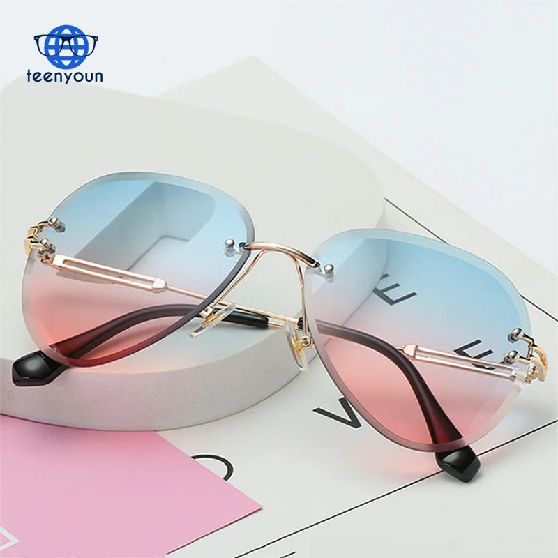 

Rimless Sunglasses Women Brand Designer Sun Glasses Gradient Shades Cutting Lens Ladies Frameless Metal Eyeglasses UV400 Fashion