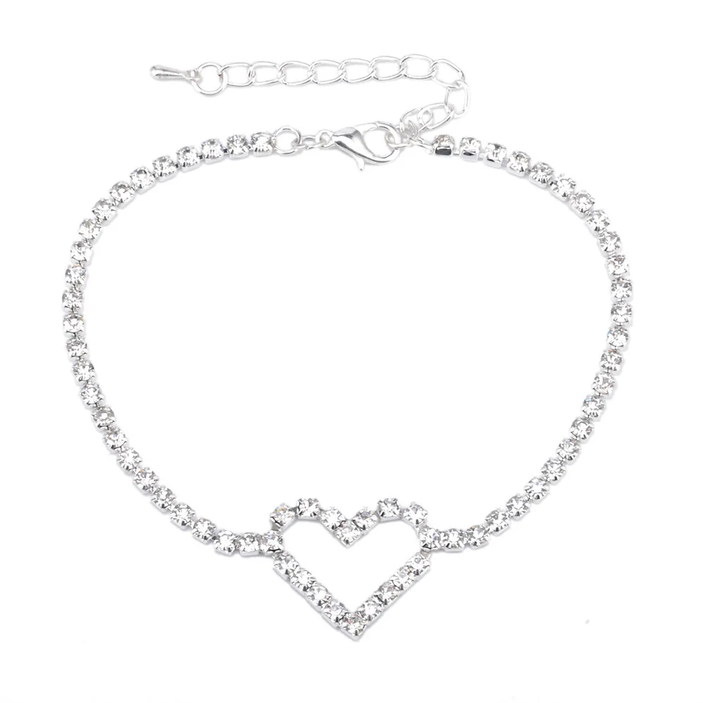 

Sexy Beach Anklet All Crystal Heart Anklet For Women Wedding Jewelry, Silver