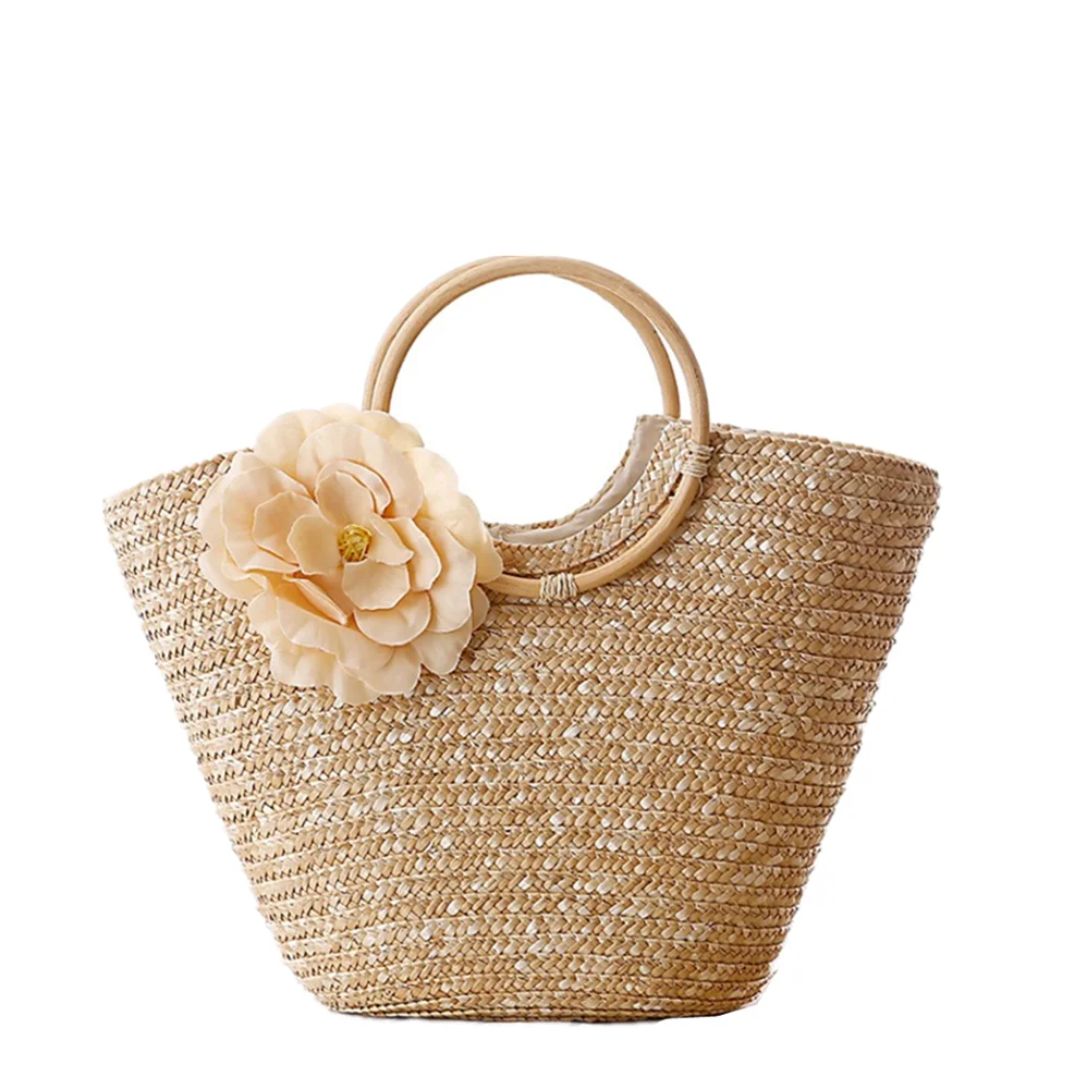 

New Style Rattan Handles Straw Bag Women Summer Beach Flower Tote Bag, Optional