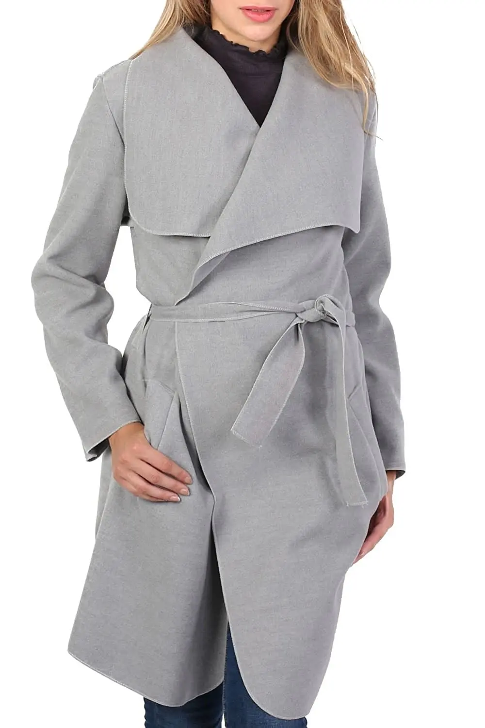 HTOOHTOOH Womens Casual Lapel Autumn Long Wool Coat Overcoat with Belted