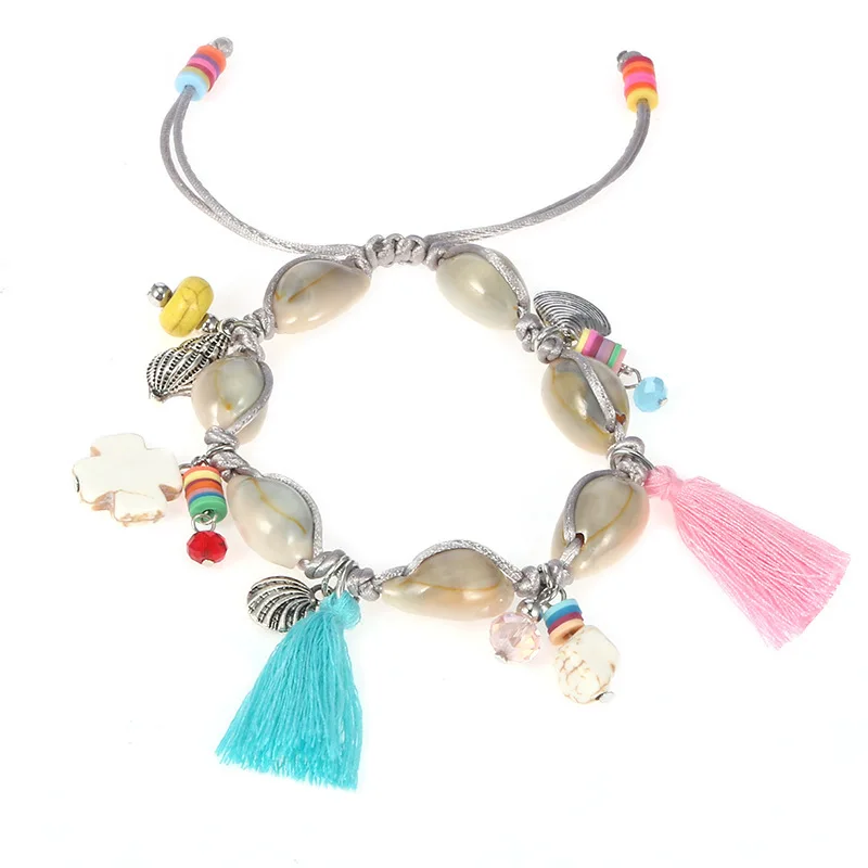 

Wholesale Hot Sale Bohemian Shell Bracelets Turquoise Tassels Woven Bracelets European and American, As picture