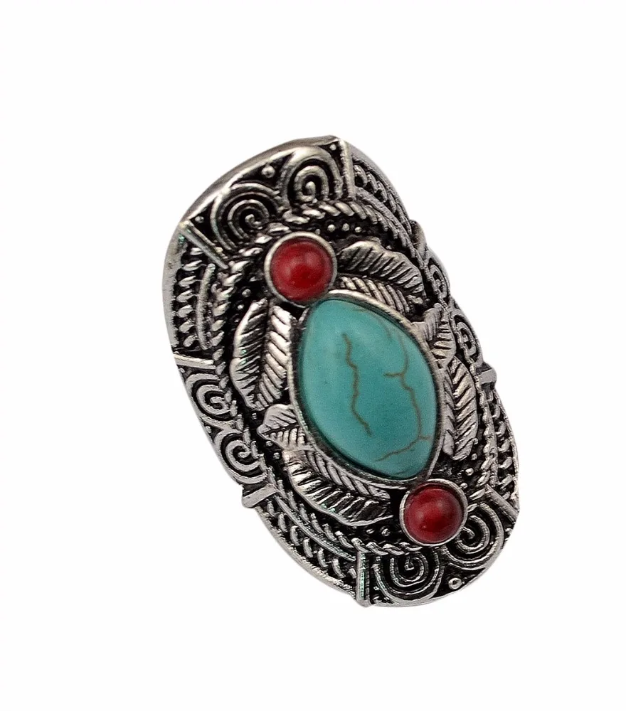 

Bohemian style tibet silver design red turquoise gem stone big beachy boho joint rings for women
