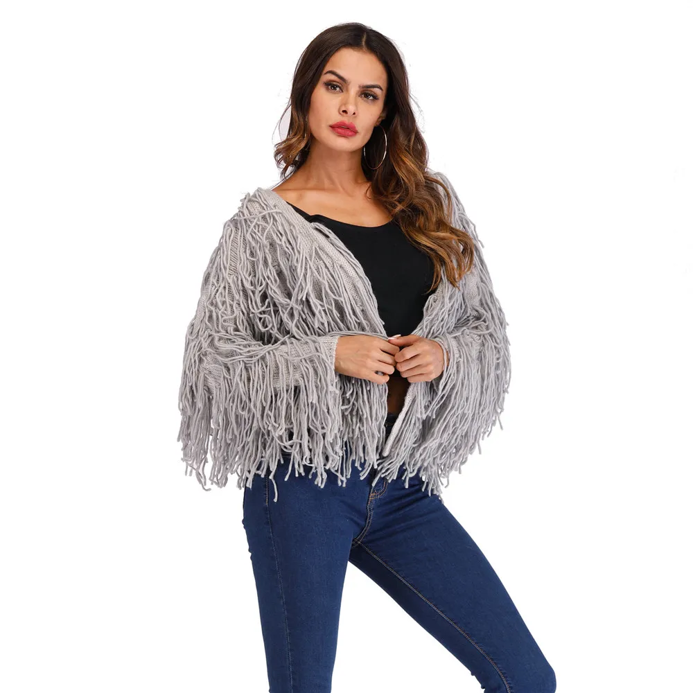 

Solid Color Long Sleeve Tassel Fringe V-Neck Short Coat
