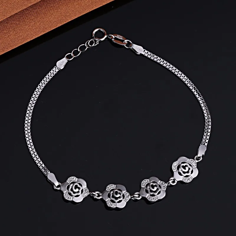 

925 Sterling Silver Flower Rose Shape Unique Design Link Bracelet For Women