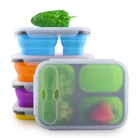 

3 Compartment Children Leak Proof Bento Reusable Food Storage Containers Folding Kids Collapsible Silicone Lunch Boxes With Fork
