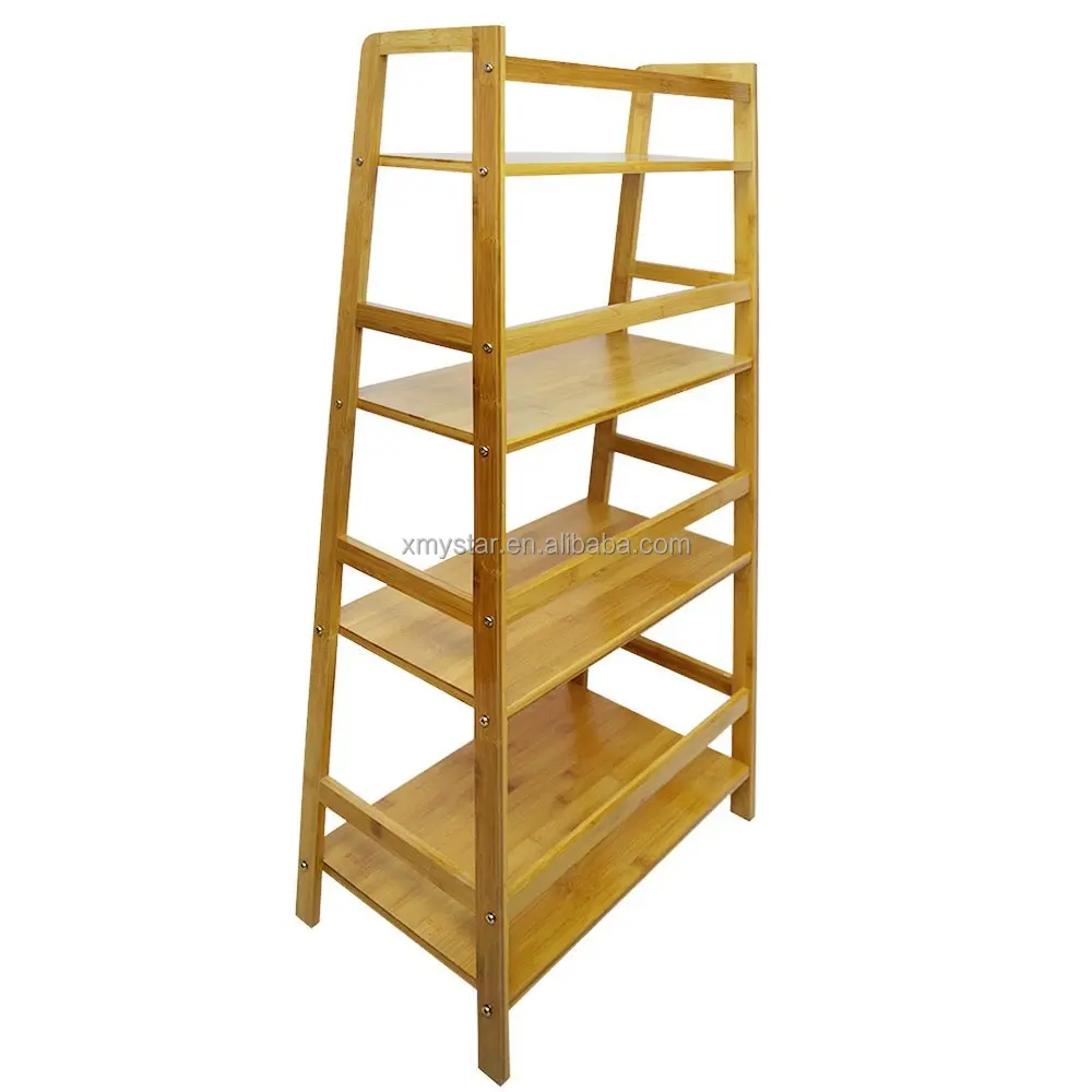 
ladder shape multi-layer freestanding bamboo Bookshelf factory BSCI 