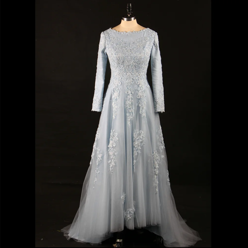 

Factory No MOQ a line muslim evening blue gown dress long sleeves with lace appliques, Custom requirement