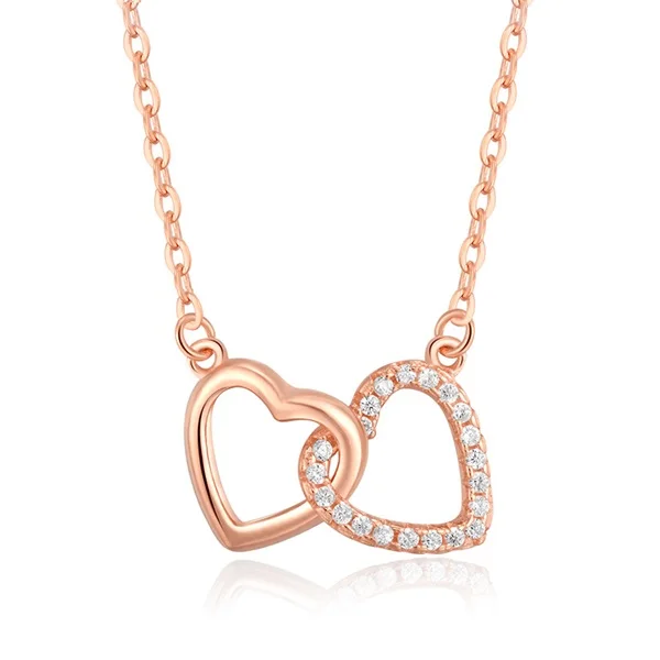 

SJ Factory Price Women Rose Gold Plated 925 Sterling Silver Round Cubic Zirconia Double Heart Necklace as Gift, Rose&white gold necklace