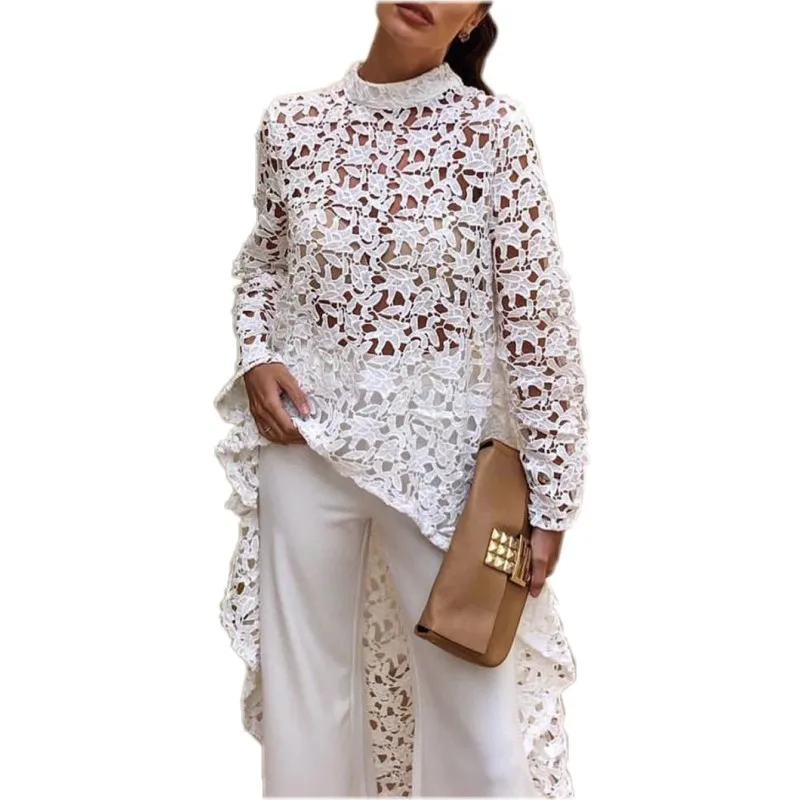 

Women Long Sleeve Hollow Out Lace Dresses High Low Asymmetrical Hem Back Summer Shirt Dress Vestidos Y10927