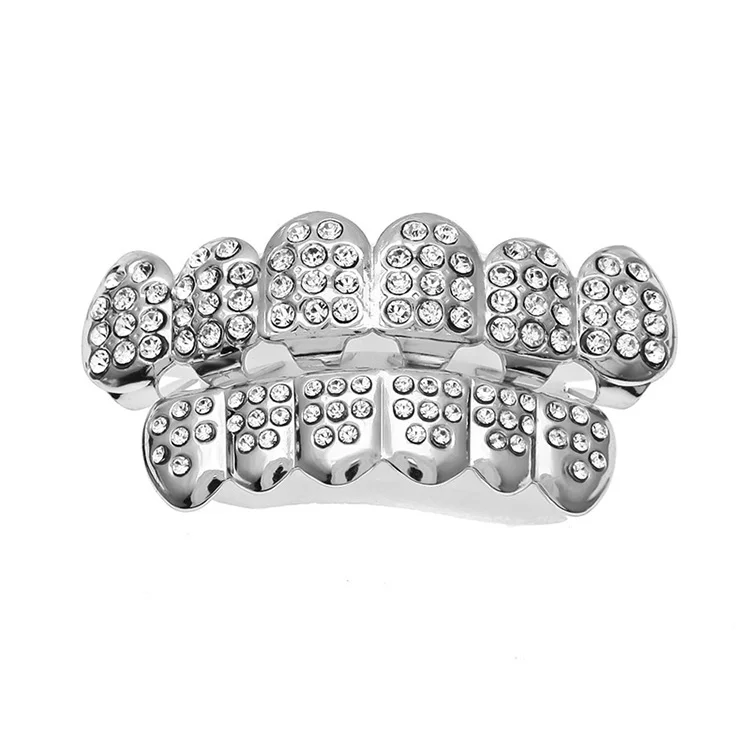 Grillz Per Denti Hip Hop - Set Bretelle Diamantate In Argento Con Cera Fissante, Accessorio Moda