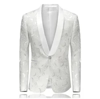 

Mens Floral Printed Blazer Jacket Stage Costumes for Singers 2019 Fashion Shawl Collar Men Slim Fit Blazer White