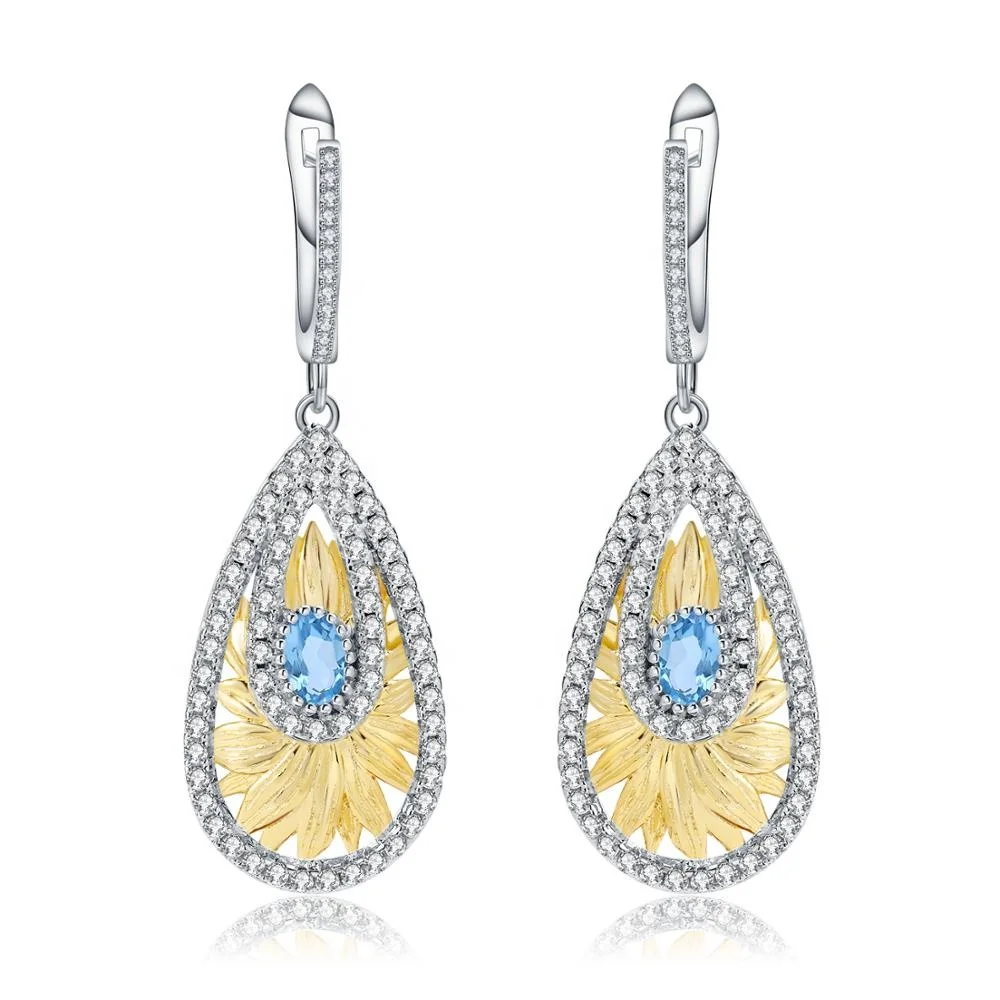 

Abiding Sunflower Drop Earrings for Women Wedding Natural Swiss Blue Topaz Hot Sale Earrings Jewelry