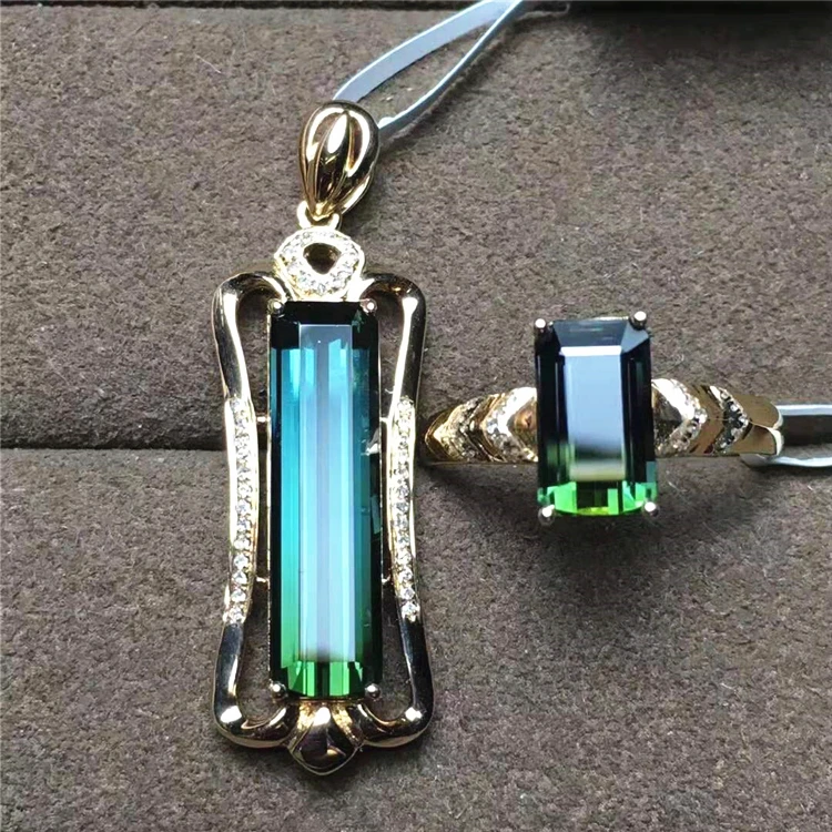 

big dubai gold jewelry set 18k gold South Africa real diamond natural tourmaline jewelry sets pendant/ring for women