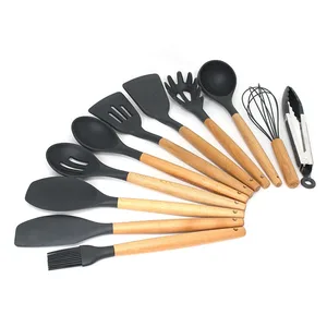 Image of Silicone Cooking Utensils Kitchen Utensil set - 11 Natural Wooden Silicone Kitchen Utensils Set - Silicone Utensil Set