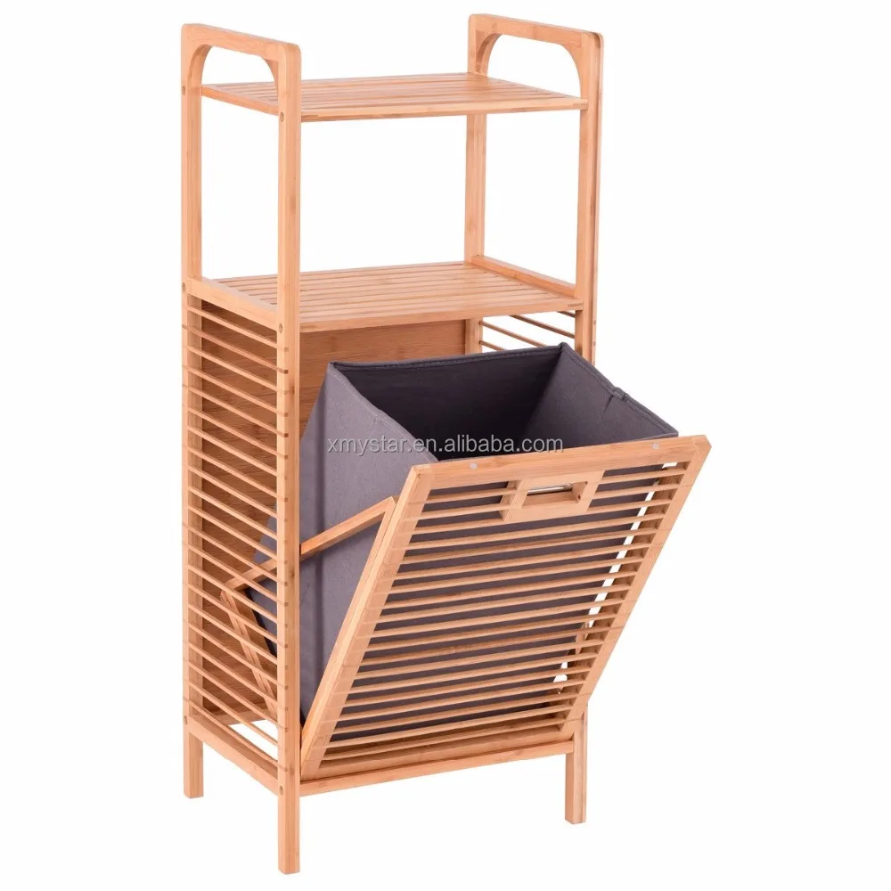 
Tilt Out Bamboo Laundry Hamper Slat Frame Space Saving Storage with Shelf & Removable Liner, Perfect for Bathrooms factory BSCI 