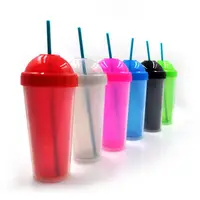 

BPA Free Plastic Reusable straw cup 380 ml double tumbler cup drinking bottle with straw