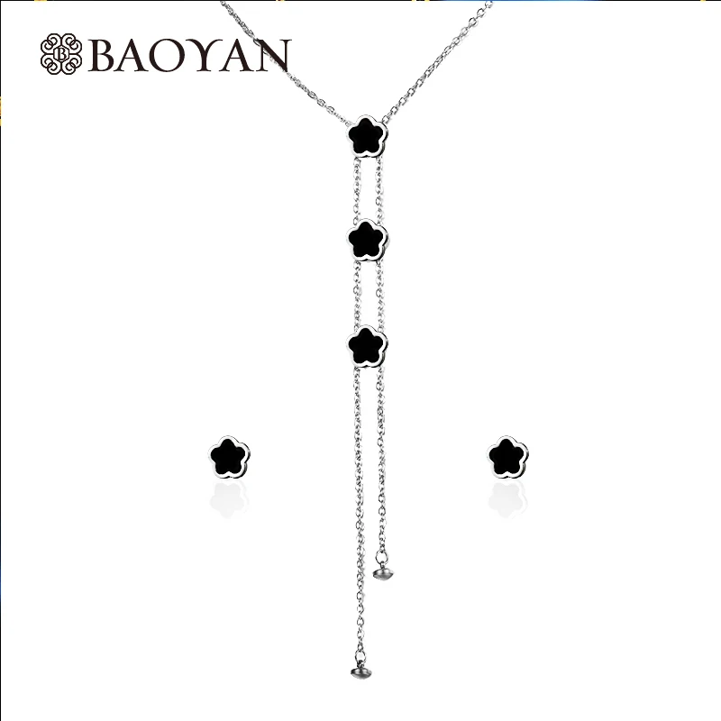 

BAOYAN Fashion Black Flower Necklace Earrings Stainless Steel Jewelry Set