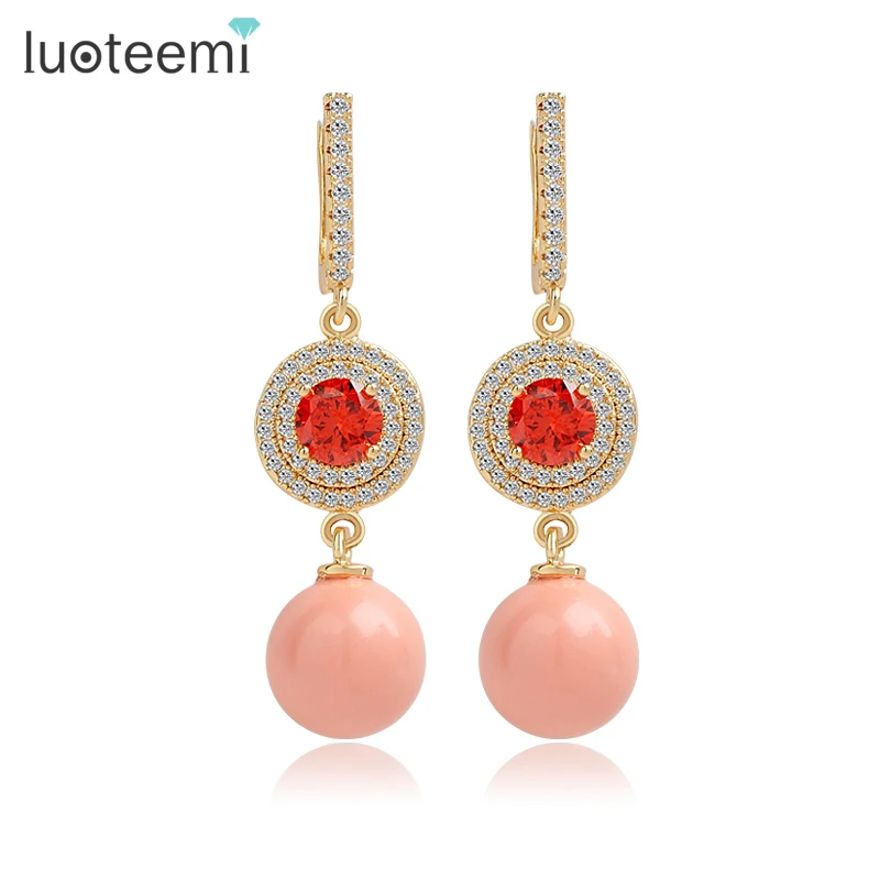 

LUOTEEMI Wholesale New Popular Bling 18K Champagne Gold Plated CZ Pearl Dangle Earrings for Perola Jewelry Women Brinco, N/a