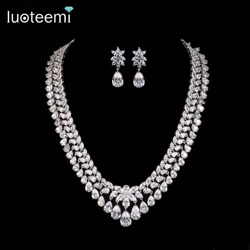 

LUOTEEMI New Luxury Princess Clear Sparkling Crystal CZ Diamond Statement Necklace For Women Wedding Jewelry Set, N/a