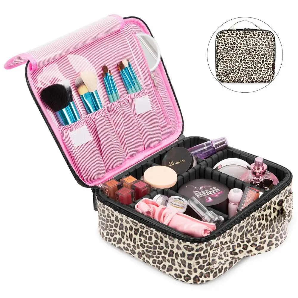 

Leopard Makeup Bag PU Leather Professional Cosmetic Train Case Organizer Bag Customised Cosmetic Bag with Adjustable Dividers