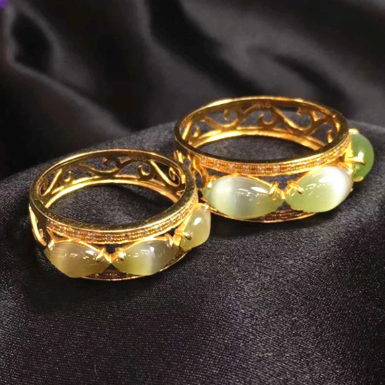 

two finger ring 18k gold South Africa real diamond natural hetian jade couple rings for couples