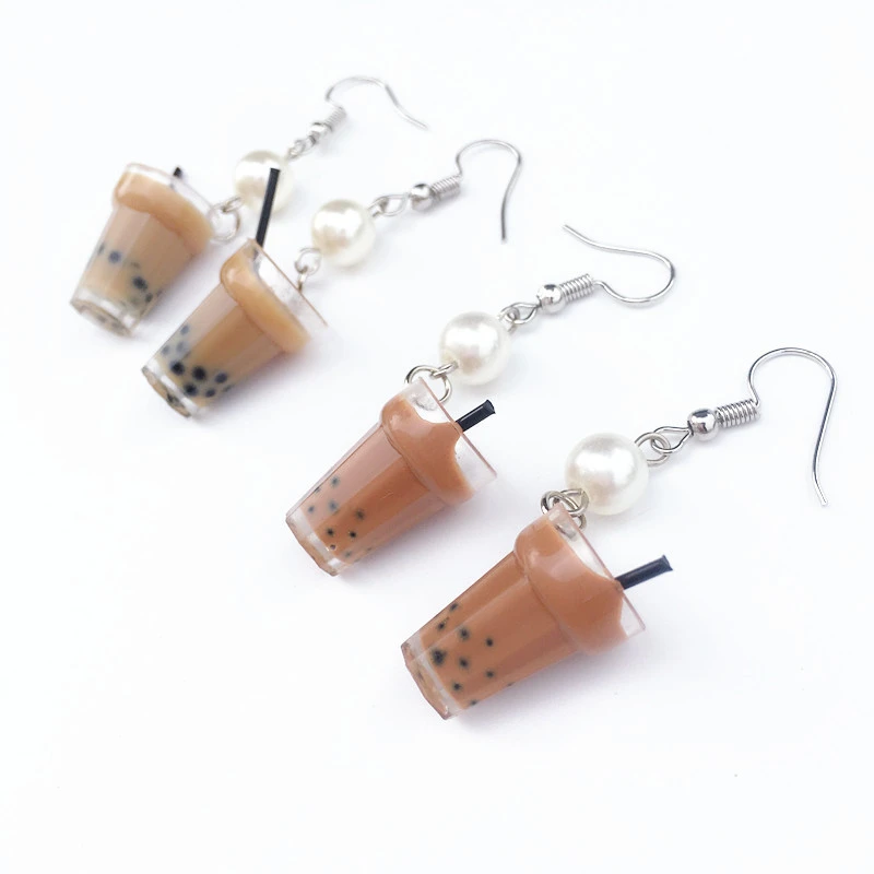 

Personality Funny Resin Milk Tea Drink Creative Unique Bubble Tea Drop Earrings, Picture shows