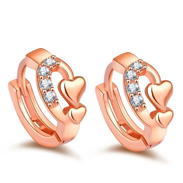 

Fashion Sweet Korean Inlay Double Heart Earrings Rose Gold & Silver Color Crystal Hoop Earrings for Women Wedding Gift