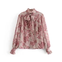 

Korean style good quality chiffon printed blouse with bow tie women long sleeve shirt