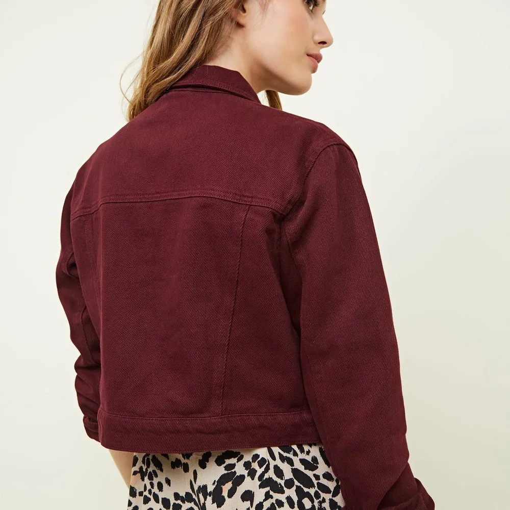 100 Cotton Burgundy Wine Red Slim Fitted Denim Jean Jaket Women