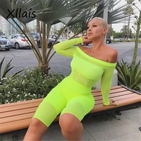 

8006 Long sleeve romper 2019 summer collarless neon pink green mesh playsuits sexy hollow out shorts feminino jumpsuit