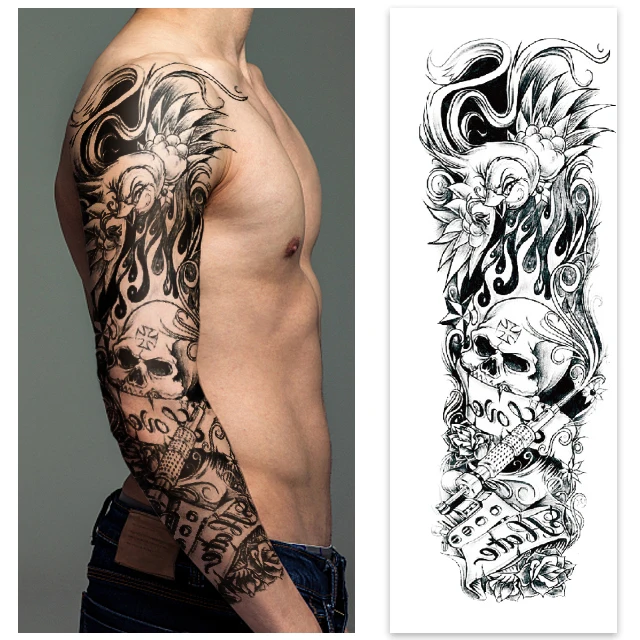 

Hot Sale Black Skull Body Art Full Arm Temporary Tattoo for Men, Red/blue/black/green