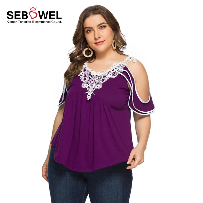 

Women Purple Cold Shoulder Plus Size Shirts & Blouses, As shown
