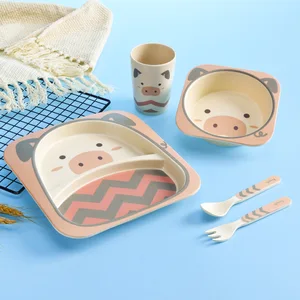 Image of bamboo fiber 5 pcs set baby bowl cup set tableware carton feeding suit