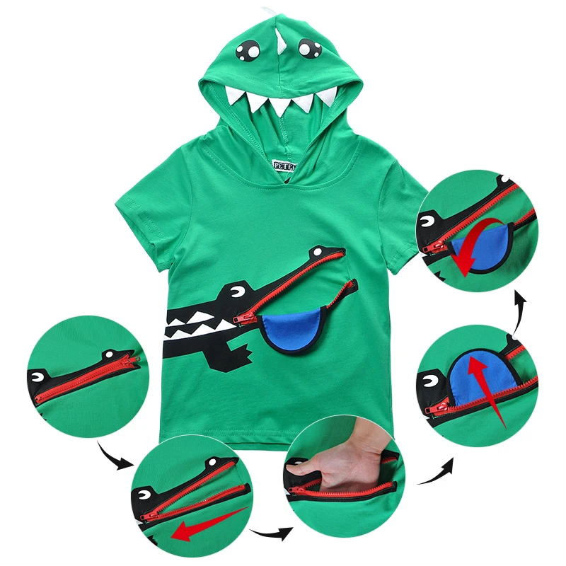

Funny Zipper Mouth Tongue Hoodies Crocodile Children T shirt Boy T Shirt, Green
