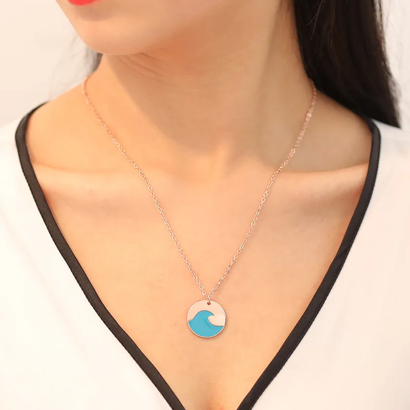 

Zooying Blue enamel wave charm delicate pendant necklace, Multi