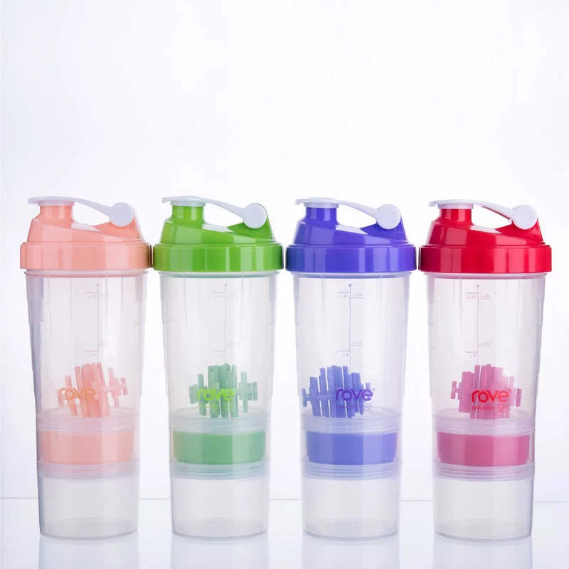 

Function plastic protein powder shakers water bottle 500ml shaker cups with storage plastic cups, Red