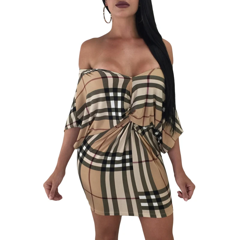 

Wholesale Retro Plaid Twist Front Off Shoulder Poncho sexy dress party night club, As shown