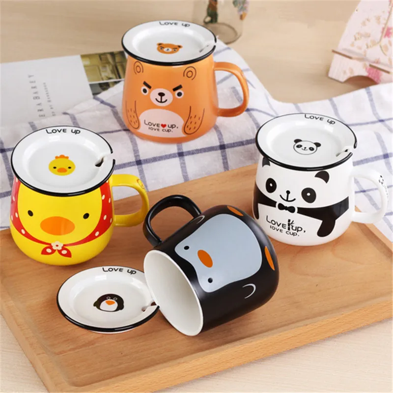 

1pc Creative Lovely Panda/duck/bear/ Penguin Cartoon Office Ceramic Mug with Cover and Spoon Tea Milk Coffee Cup Couple Cups