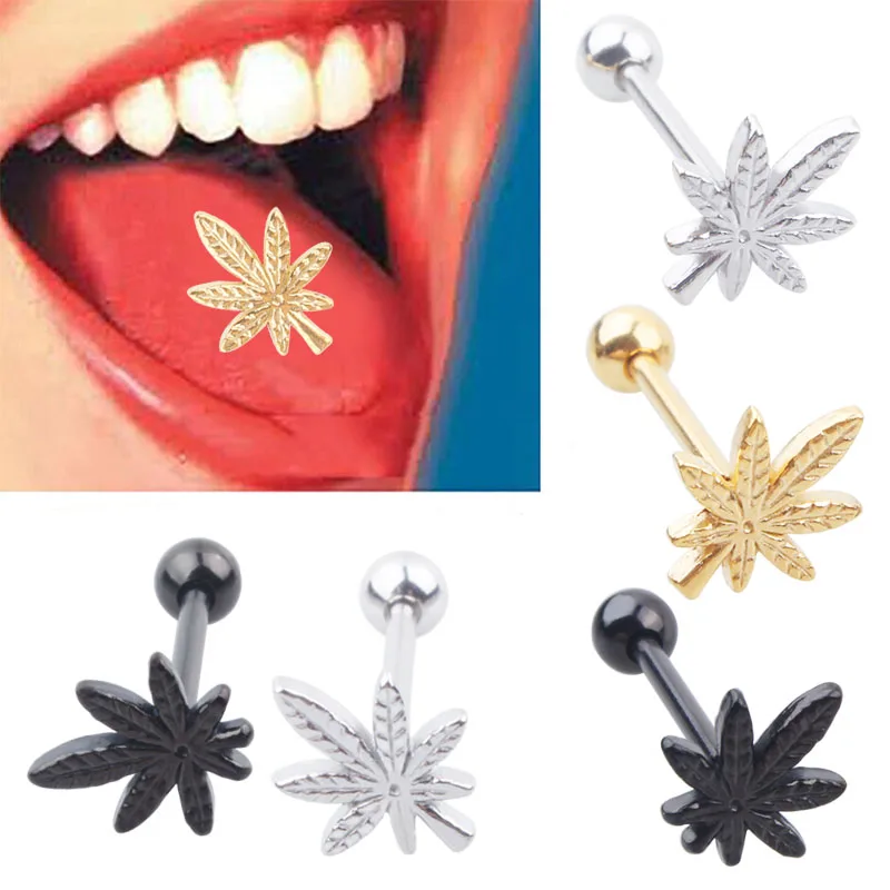 

30pcs /Lot 316L Stainless Steel Leaf Tongue Barbell Tongue Ring Body Piercing Jewelry, Steel;black;gold