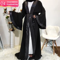 

1715# modern modest style islamic women clothing bell sleeve muslim dress open kimono stoned abaya dubai arab kaftan