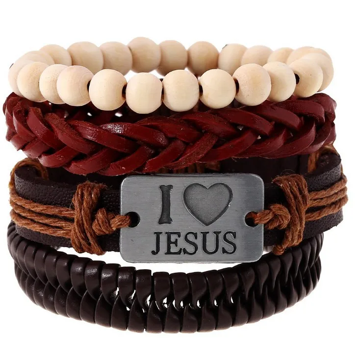 

I Love Jesus Beaded Leather Multi Layer Bracelet Wholesale Christian Accessories Jesus Mens Leather Bracelet, Brown