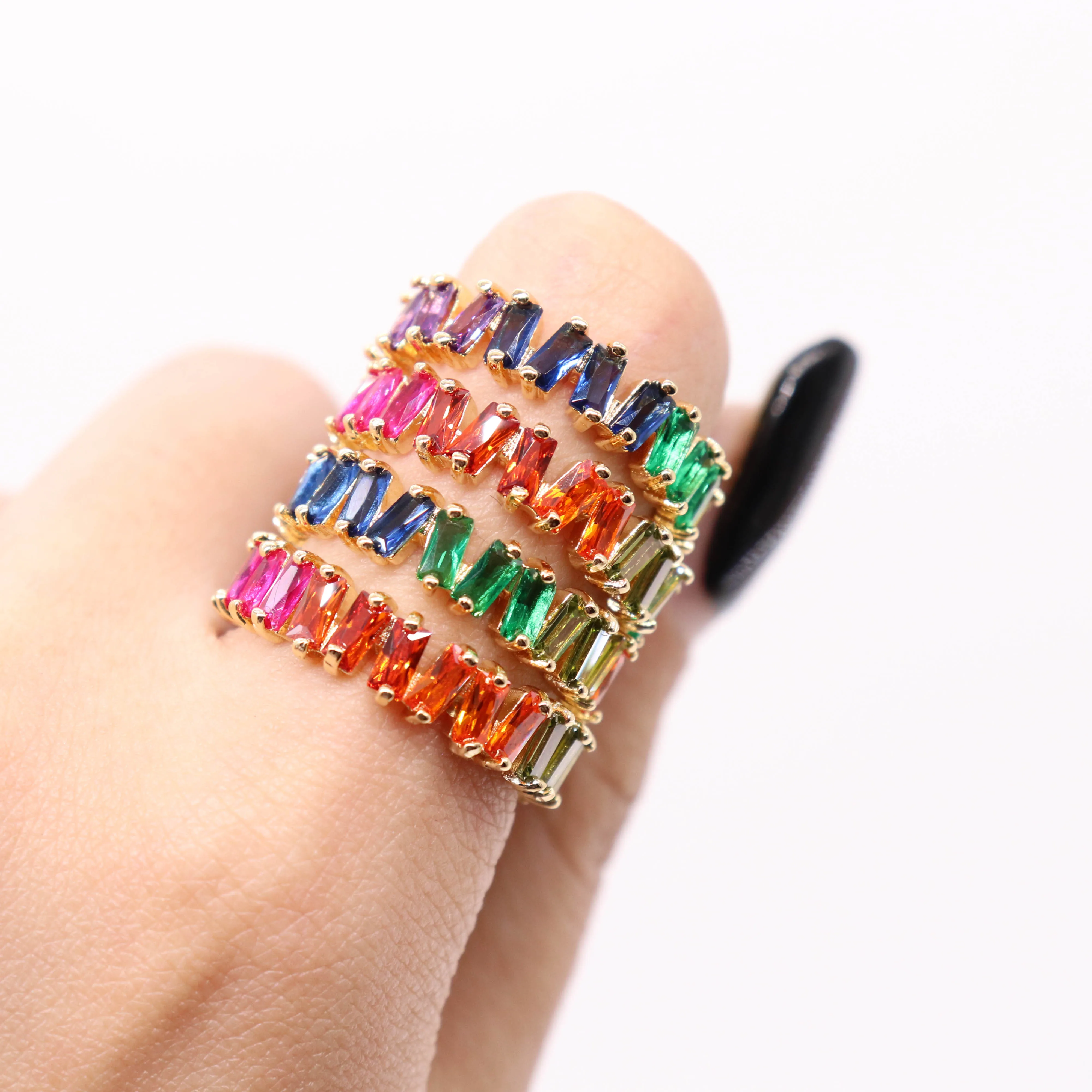 

Casual Style Gold aretes rainbow bar eternity band anillos baguette stack cz engagement rings for women colorful jewelry, Multi color