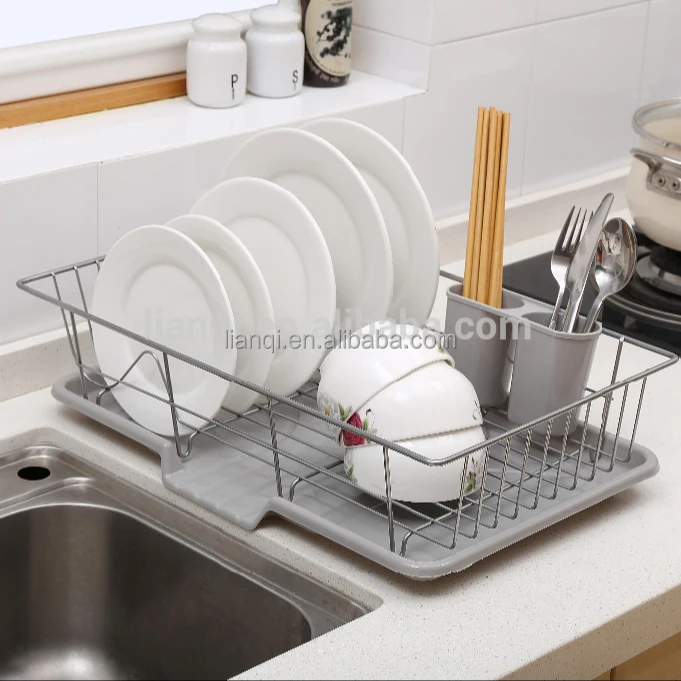 

Stainless Steel kitchen plate storage dish drying rack with plastic salver, Customized