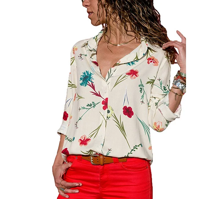 

Blouses 2018 new designs Long Sleeve Blouse ladies Print Flower Button down Casual Chiffon Blouse Women, Royal blue;green;orange;pink;white;blue