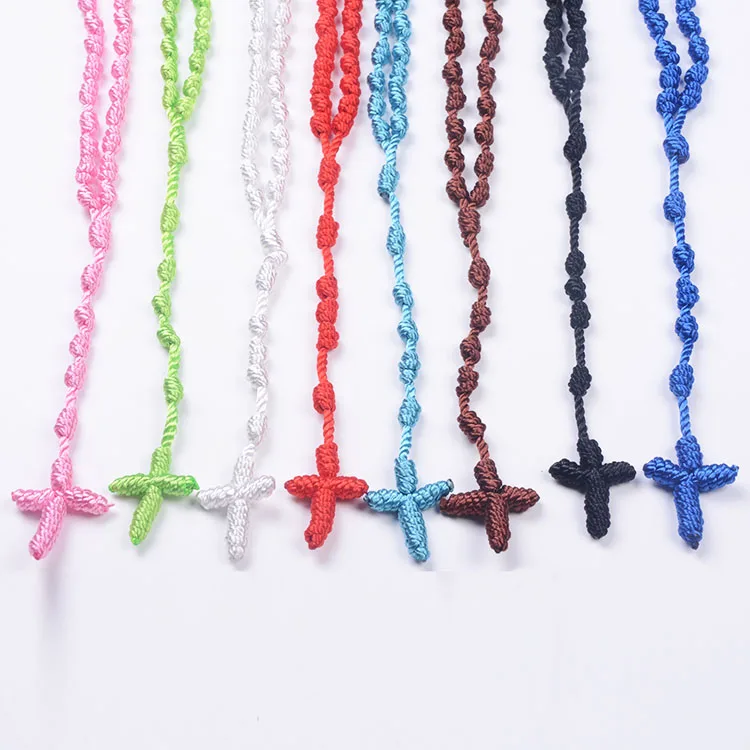 

In Stock Multi Colors Handmade Woven Knotted Rosary Nylon Rosary Factory Promotion Selling