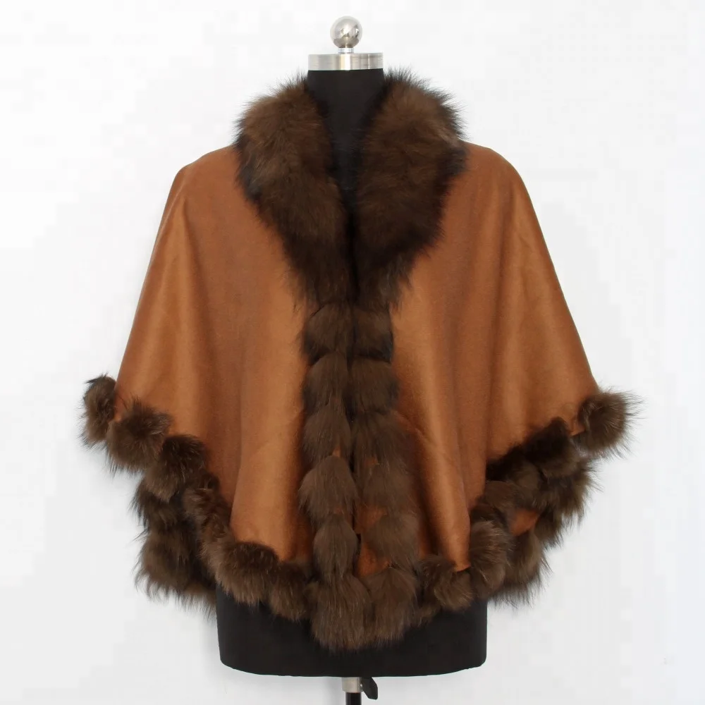 

Fashion Women Cashmere Cape Real Fox Fur Trim Cape Coat Poncho, Brown. accept custom color service