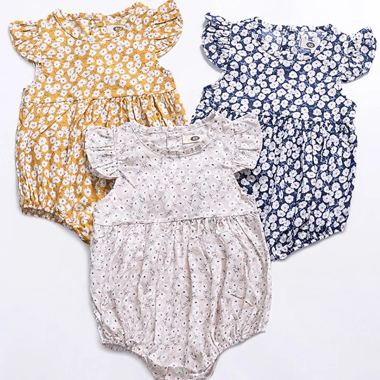 

Wholesale Boutique New born Baby Girls Flutter Ruffle Romper Onesie Baby Clothes Cute Floral Baby Girl pom pom Bubble Romper, As pictures