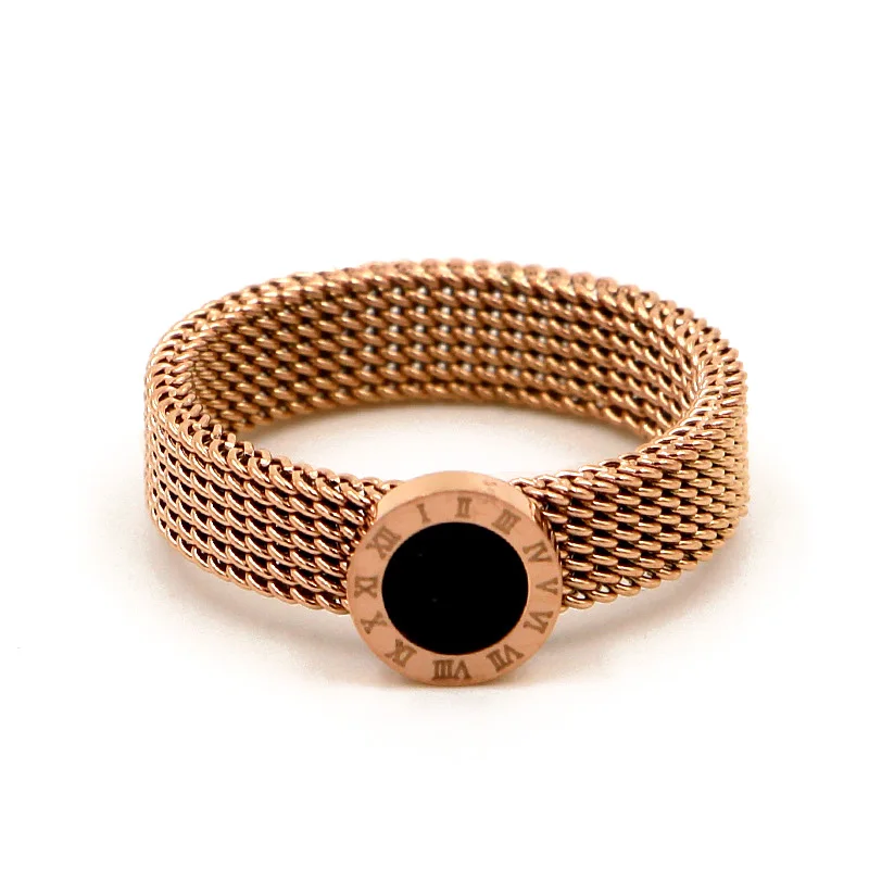 

Hot Selling Personalised Black Roman Numerals 316L Stainless Steel Rose Gold Disc Mesh Band Ring For Women, Picture