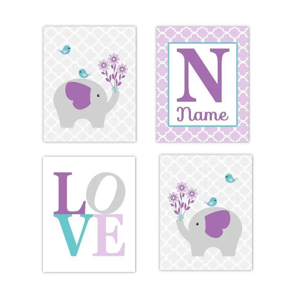 Baby Girl Nursery Wall Art Elephant LOVE Purple Lavender Teal Aqua Personalized Name Art Baby Nursery Decor Girl Room Print SET OF 4 UNFRAMED PRINTS